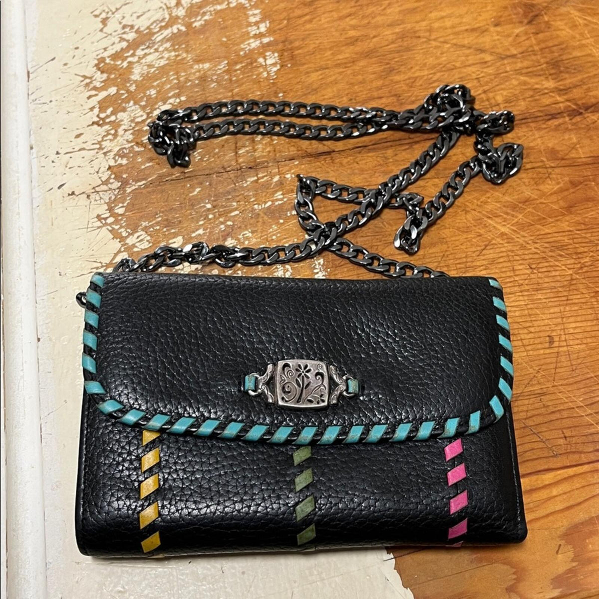 Brighton Black Leather Women's Crossbody Wallet with Colorful Accents