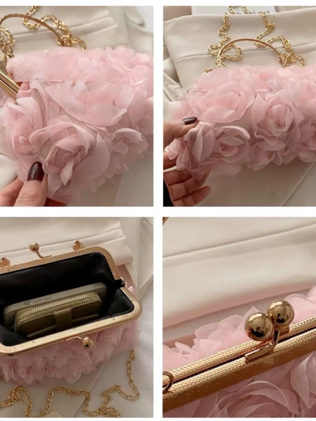 Rose Appliqué Pink Evening Clutch with Gold Chain