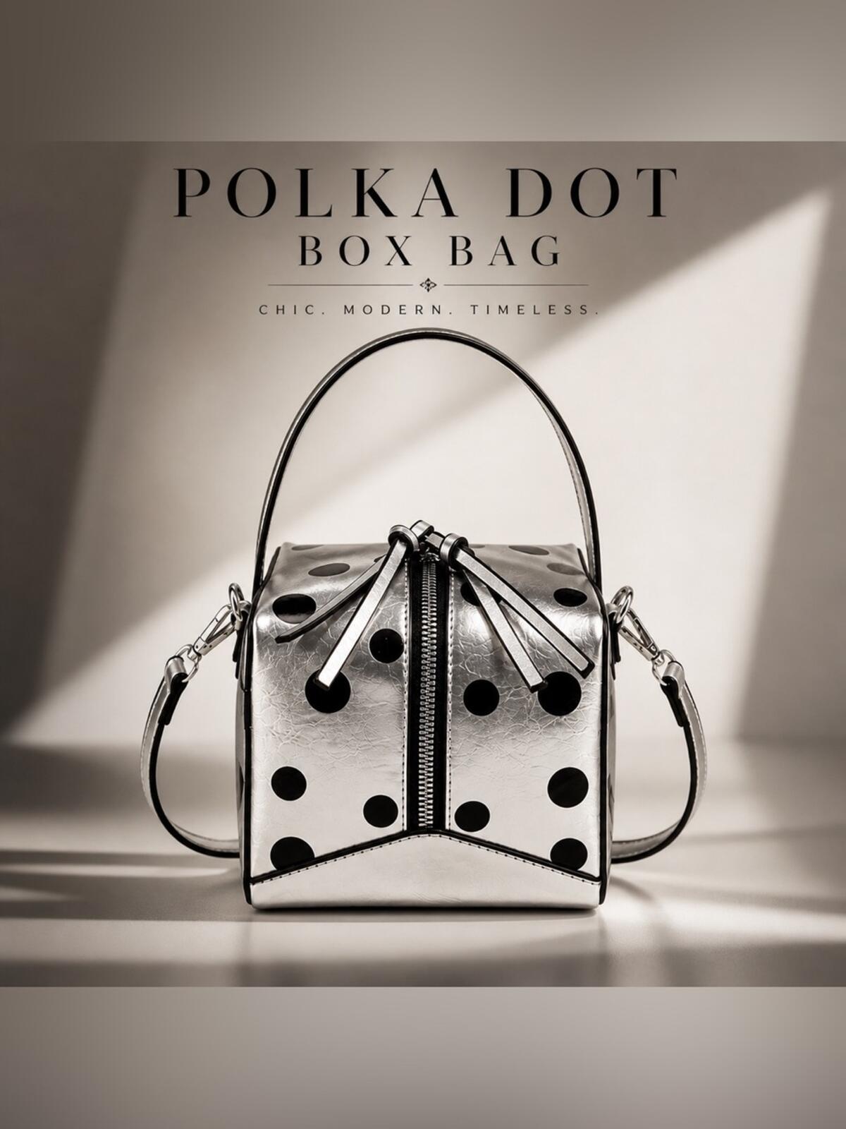 Silver Polka Dot Box Bag Retro Mod Top Handle Crossbody Satchel