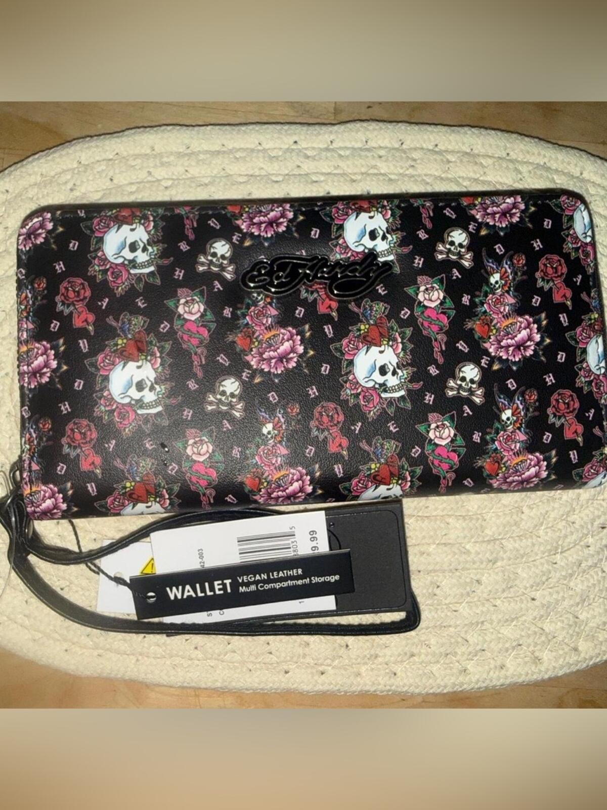 Ed Hardy black tattoo-print skull and roses zip-around wristlet wallet NWT