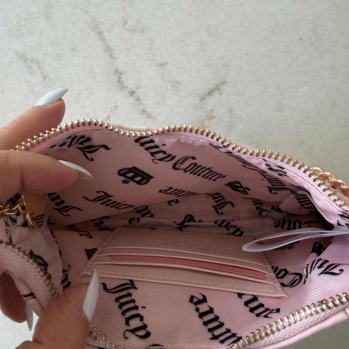 Juicy Couture Pink and Red Heart Print Mini Shoulder Bag with Gold Chain