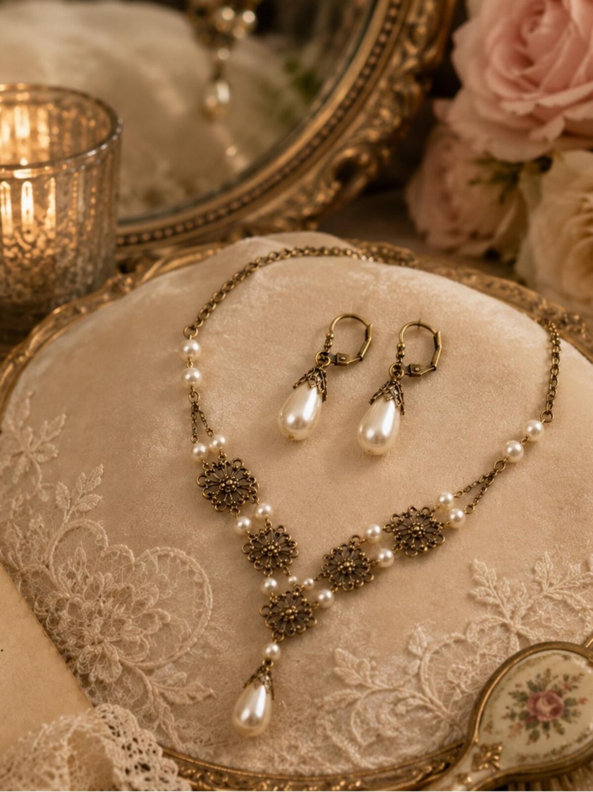Vintage Victorian Pearl Necklace & Earrings Set • Antique Bronze Filigree