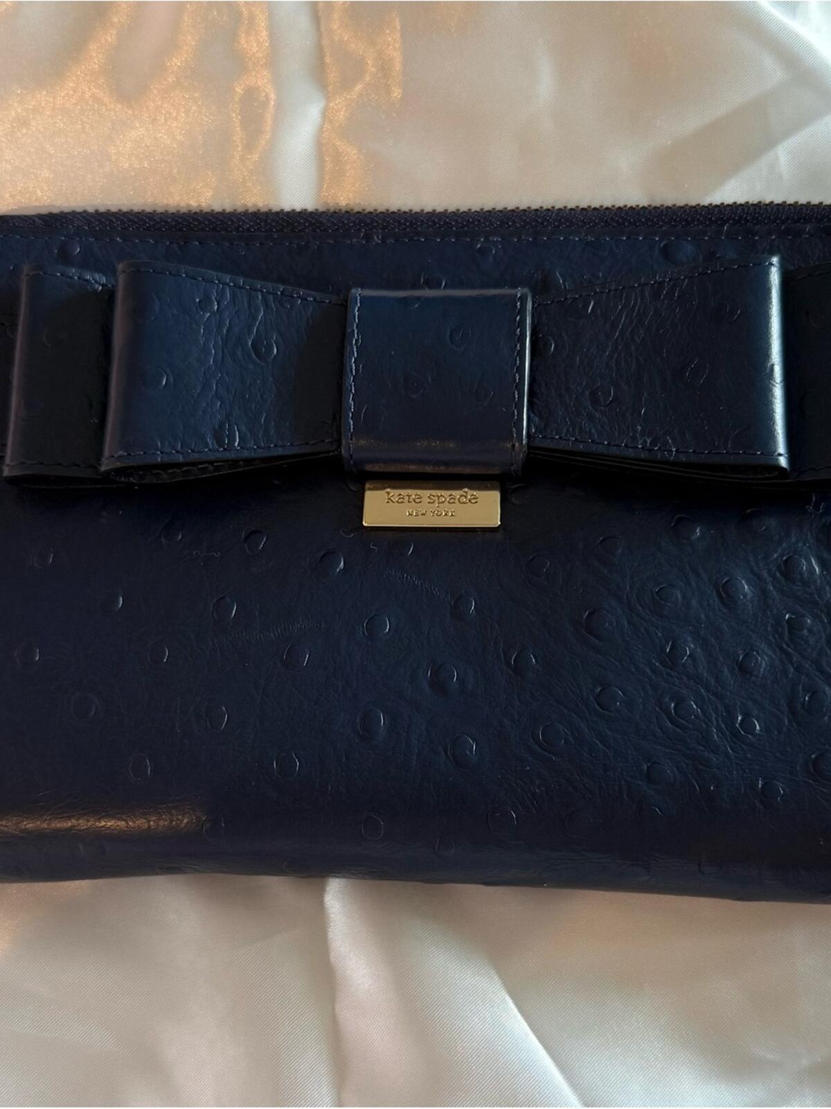 Kate Spade Beacon Court Lacey Zip Around Bow Wallet Blue Ostrich Embossed