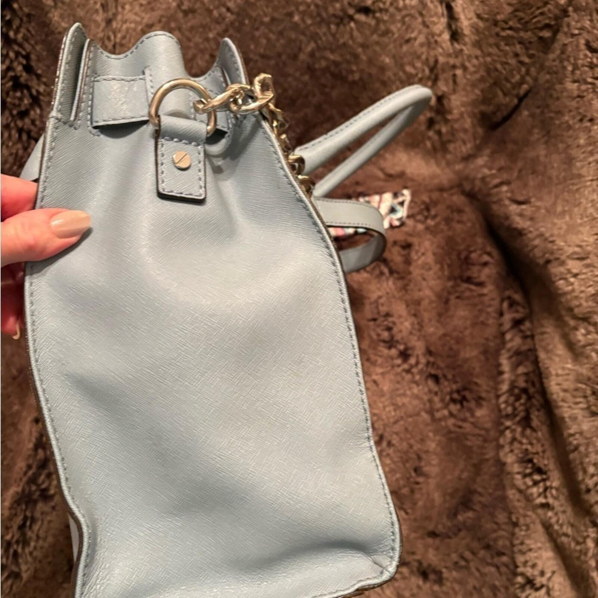 Michael Kors Light Blue Saffiano Leather Tote Bag with Gold Chain and Scarf