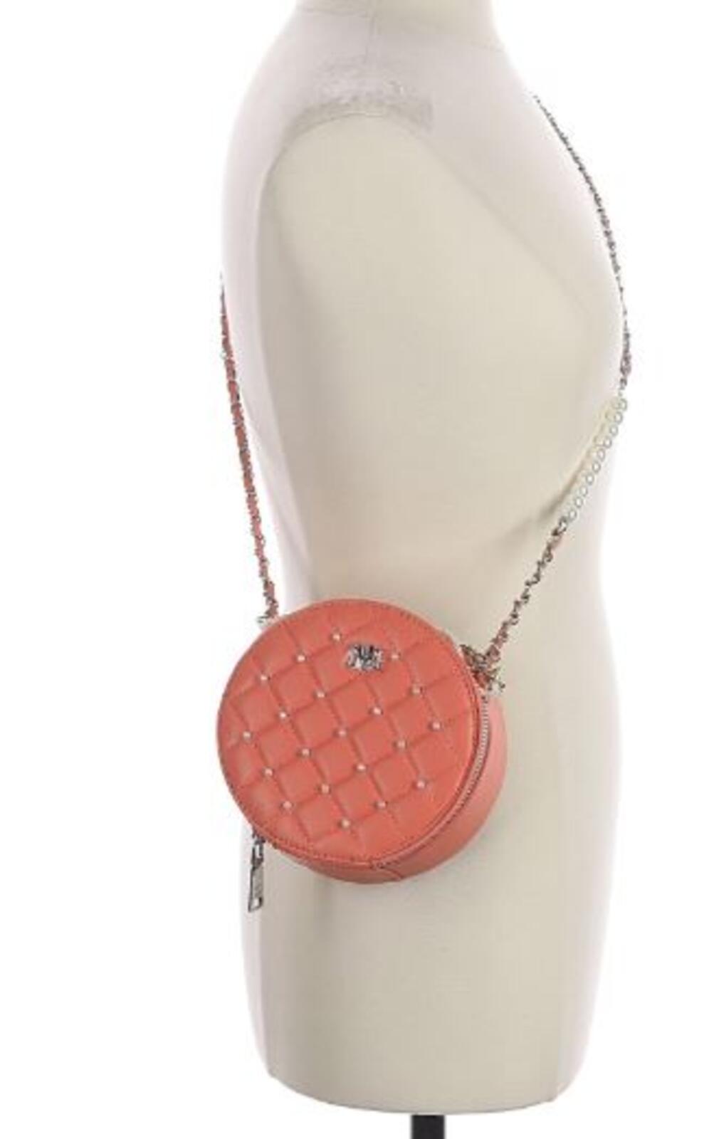 Badgley Mischka Orange Quilted Round Crossbody Bag with Chain and Pearl Detail