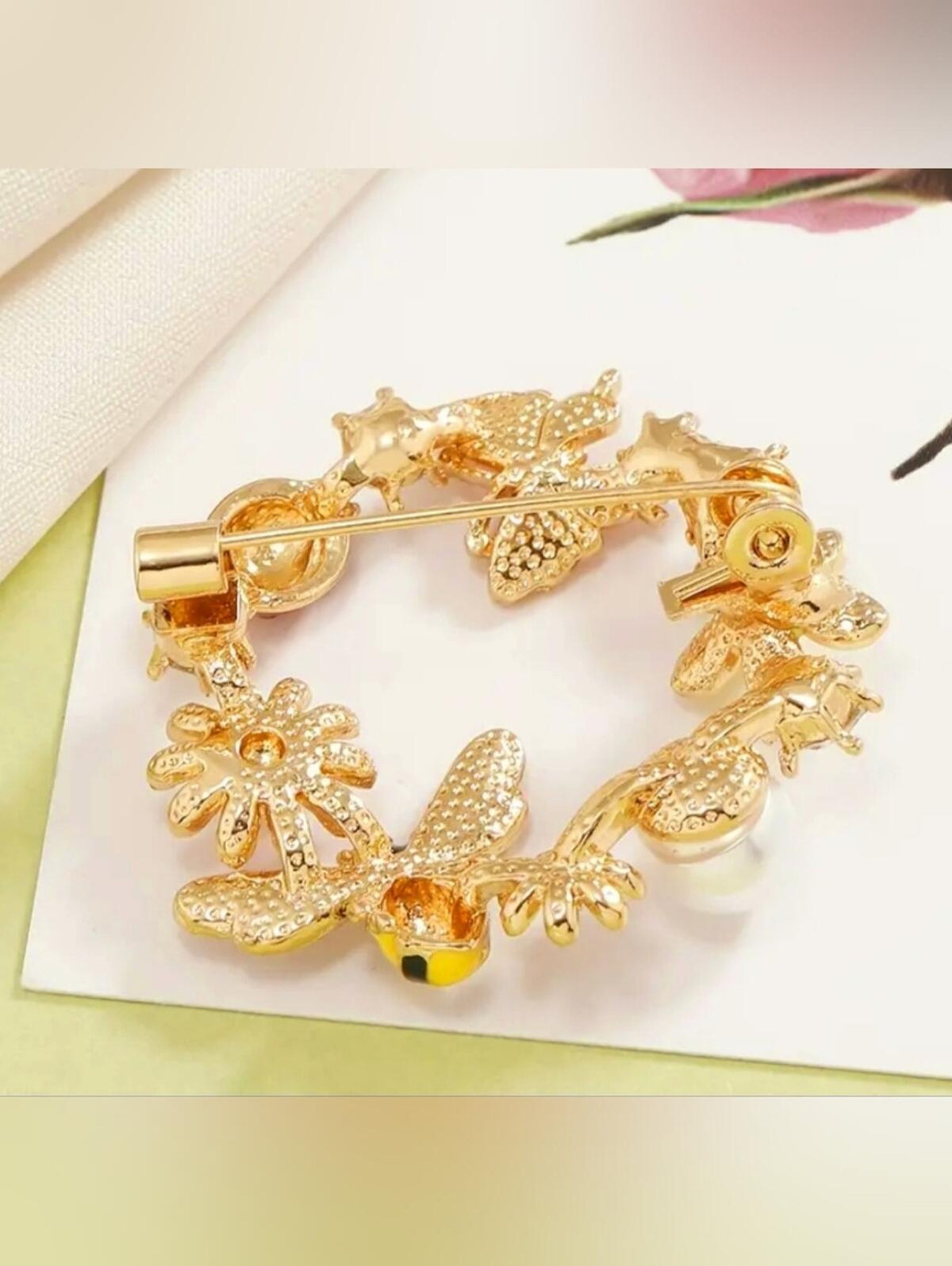 Wreath Floral Brooch with Bee, Ladybug, and Pearl