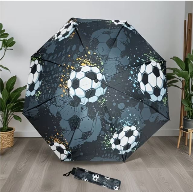 Soccer Ball Print Compact Folding Umbrella Windproof Lightweight Travel Rain UV