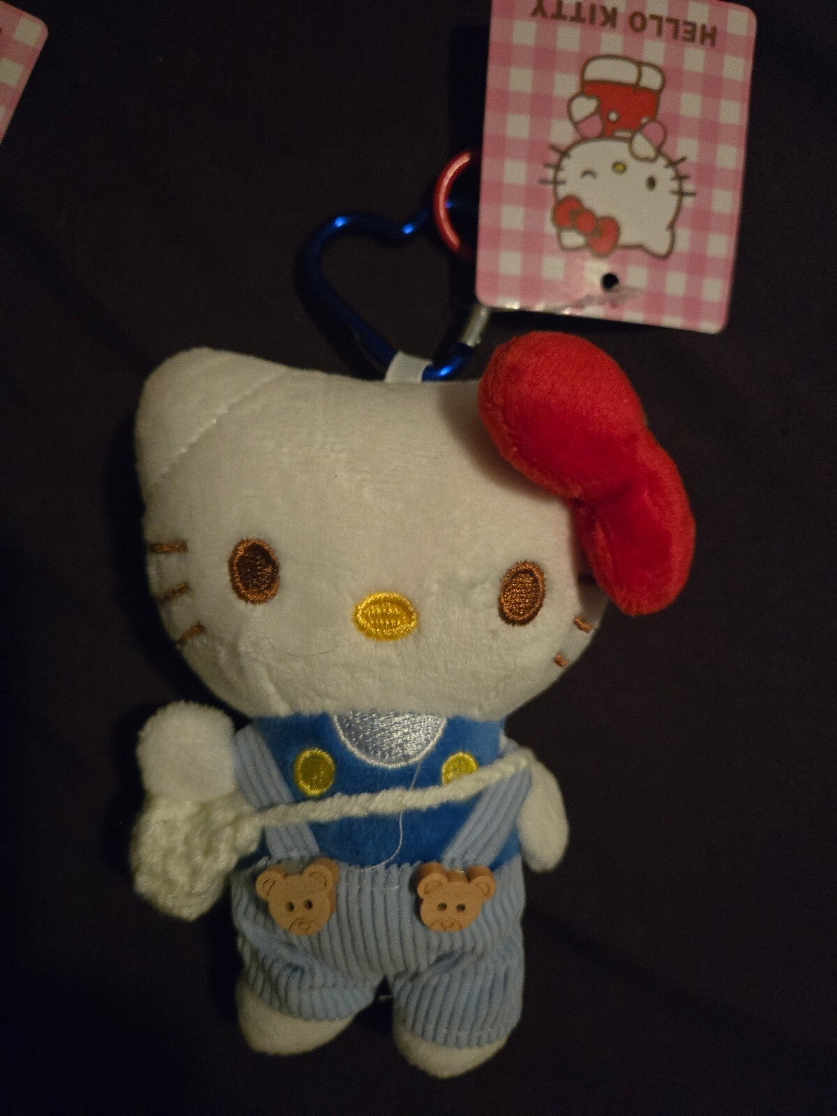 Hello Kitty Plush Bag Charm Blue Overalls Red Bow