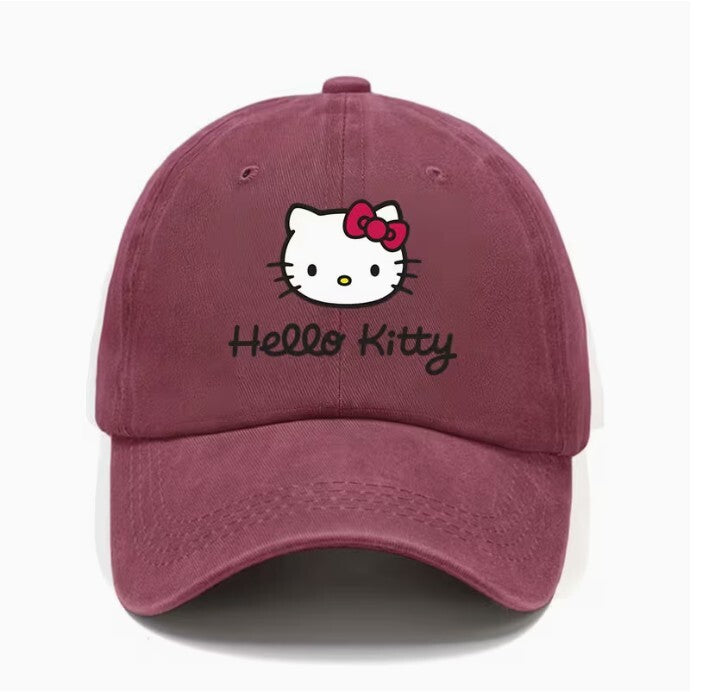 Hello Kitty Embroidered Burgundy Baseball Cap - Adjustable Cotton Hat