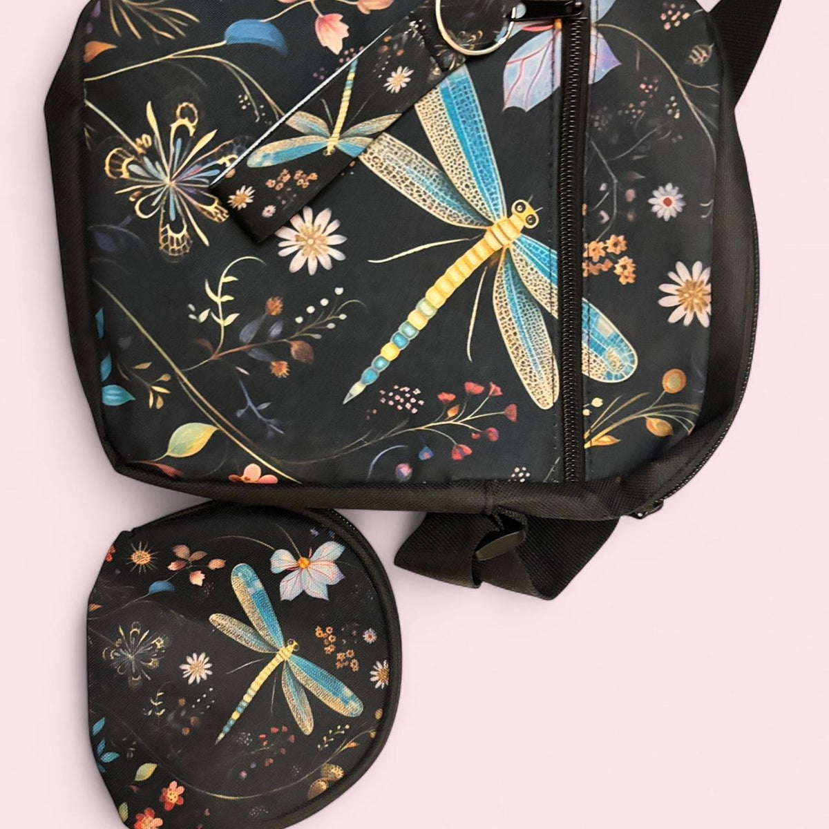 Stylish Black Dragonfly & Floral Print Crossbody Bag with Matching Keychain and