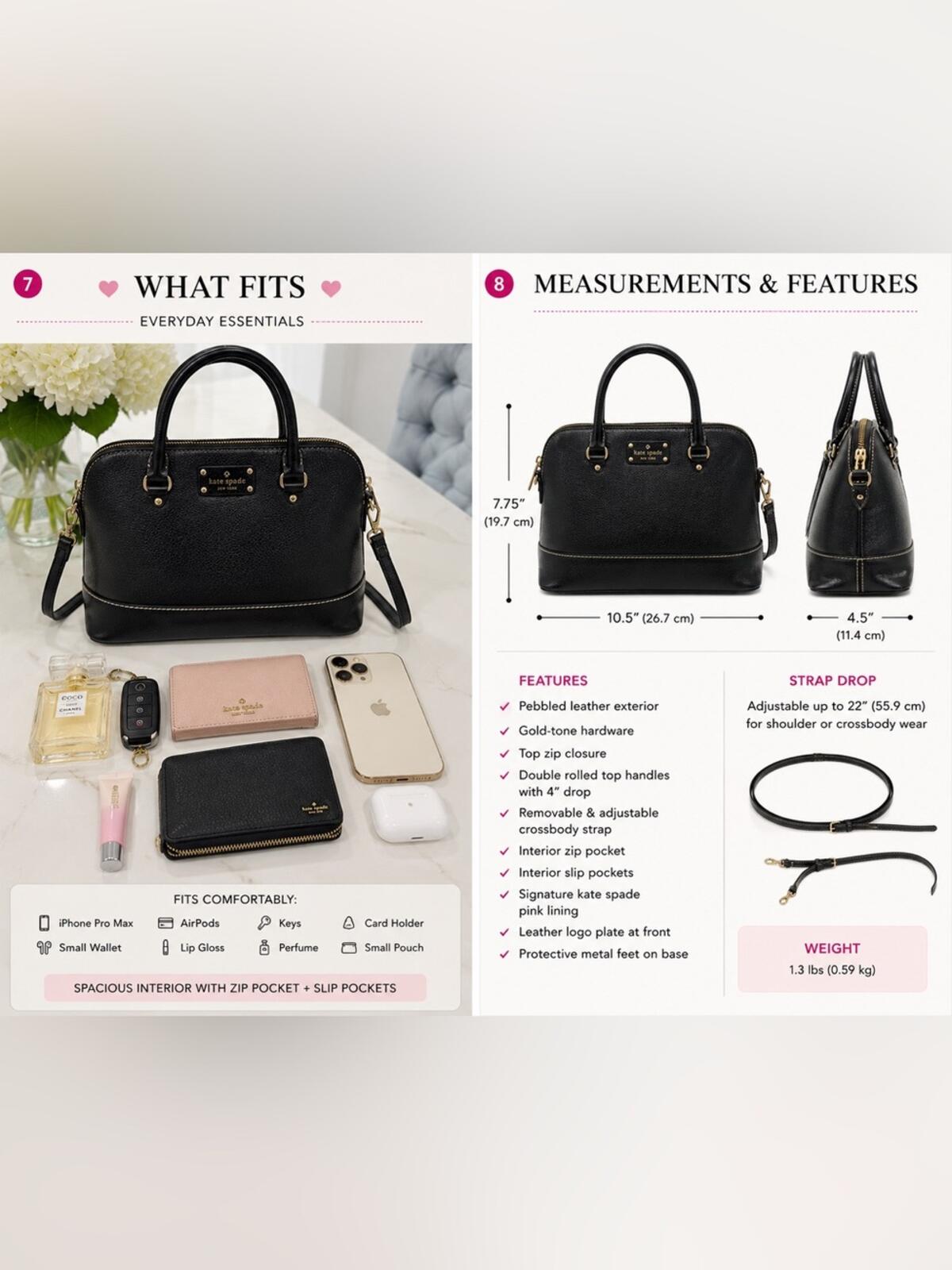 Kate Spade Wellesley Rachelle Pebbled Leather Satchel Bag Black Pink Lining
