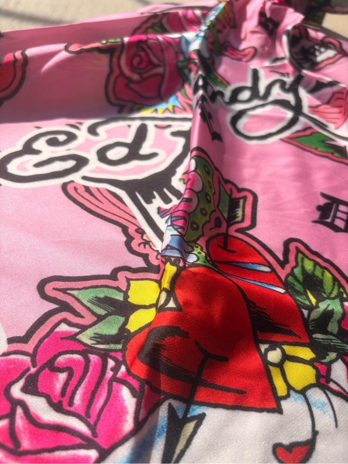 NWT Ed Hardy Pink Skull Roses Satin Scarf Tattoo Print Square Large
