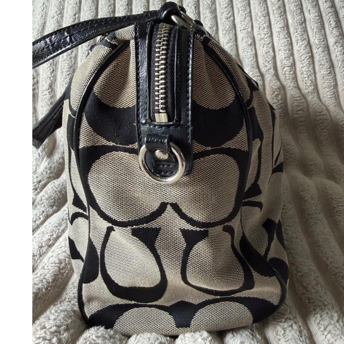 Coach Signature Stripe Satchel Bag Black Khaki Canvas Patent Leather F25526