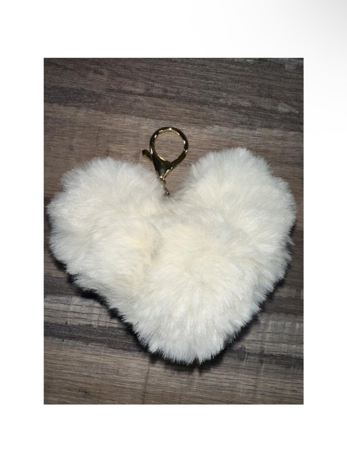 White Faux Fur Heart Keychain Charm with Bow and Cherry Accents