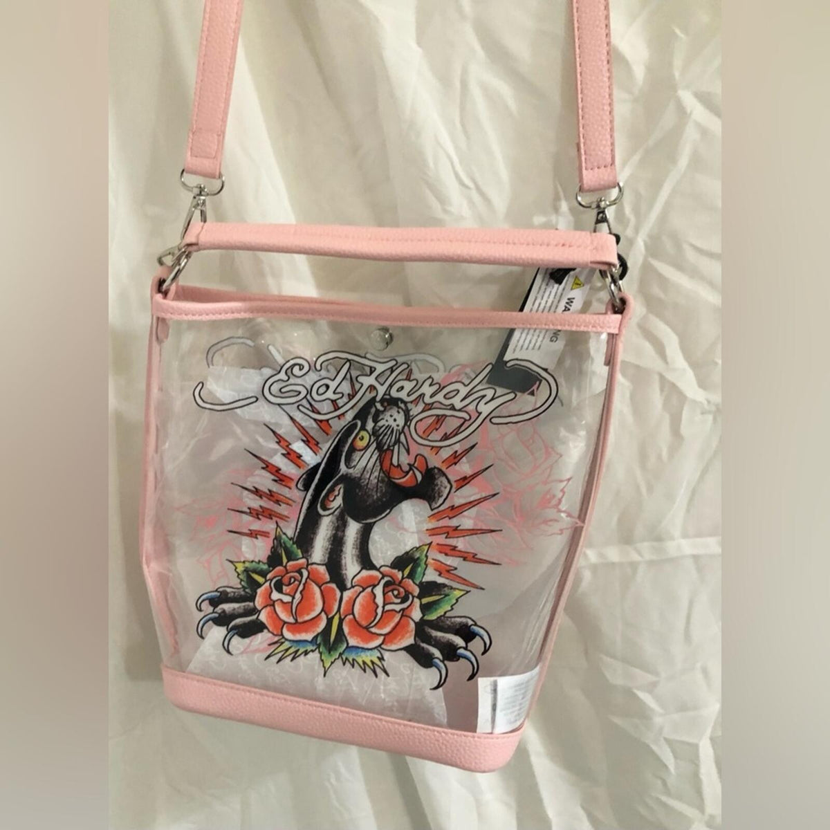 Ed Hardy Clear PVC Bucket Bag Panther Roses NWT