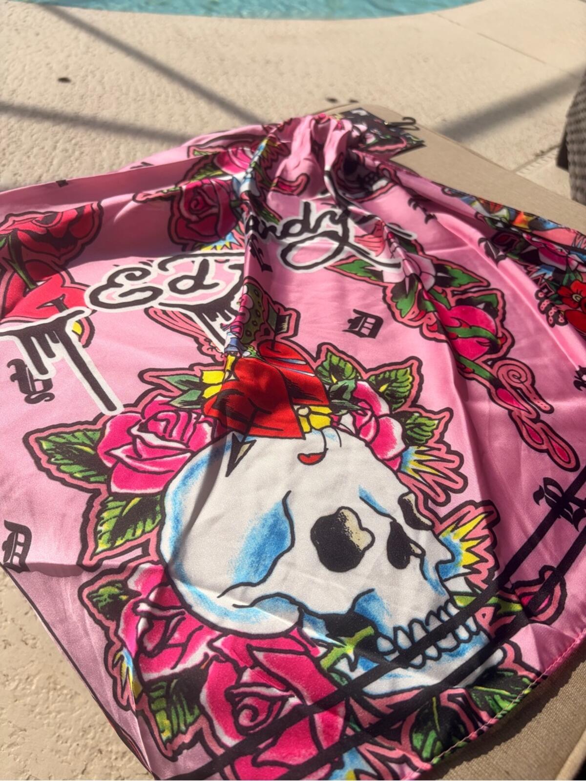 NWT Ed Hardy Pink Skull Roses Satin Scarf Tattoo Print Square Large