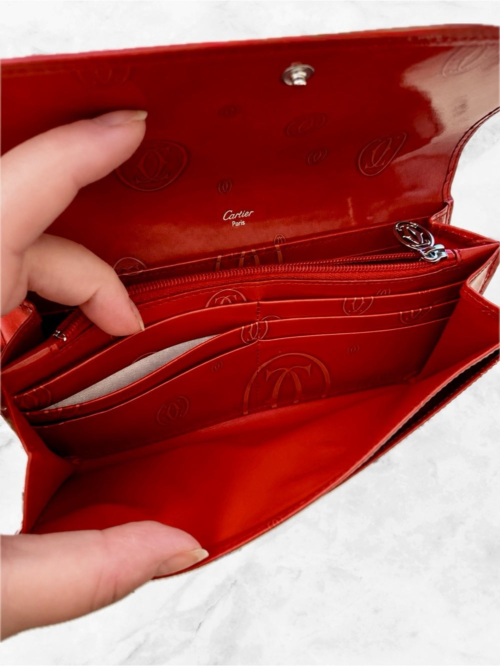 Vintage Cartier Happy BdayRed Patent Leather Flap Long Wallet Monogram C Charm