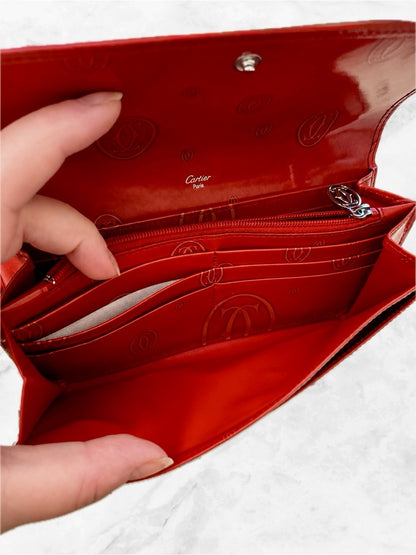 Vintage Cartier Happy BdayRed Patent Leather Flap Long Wallet Monogram C Charm