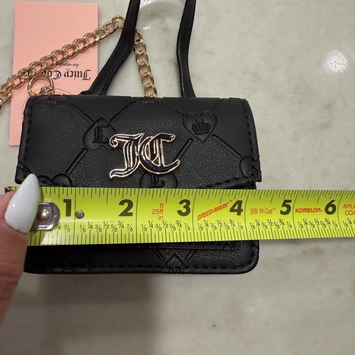 Juicy Couture Black Embossed Mini Crossbody Shoulder Bag with Gold Chain