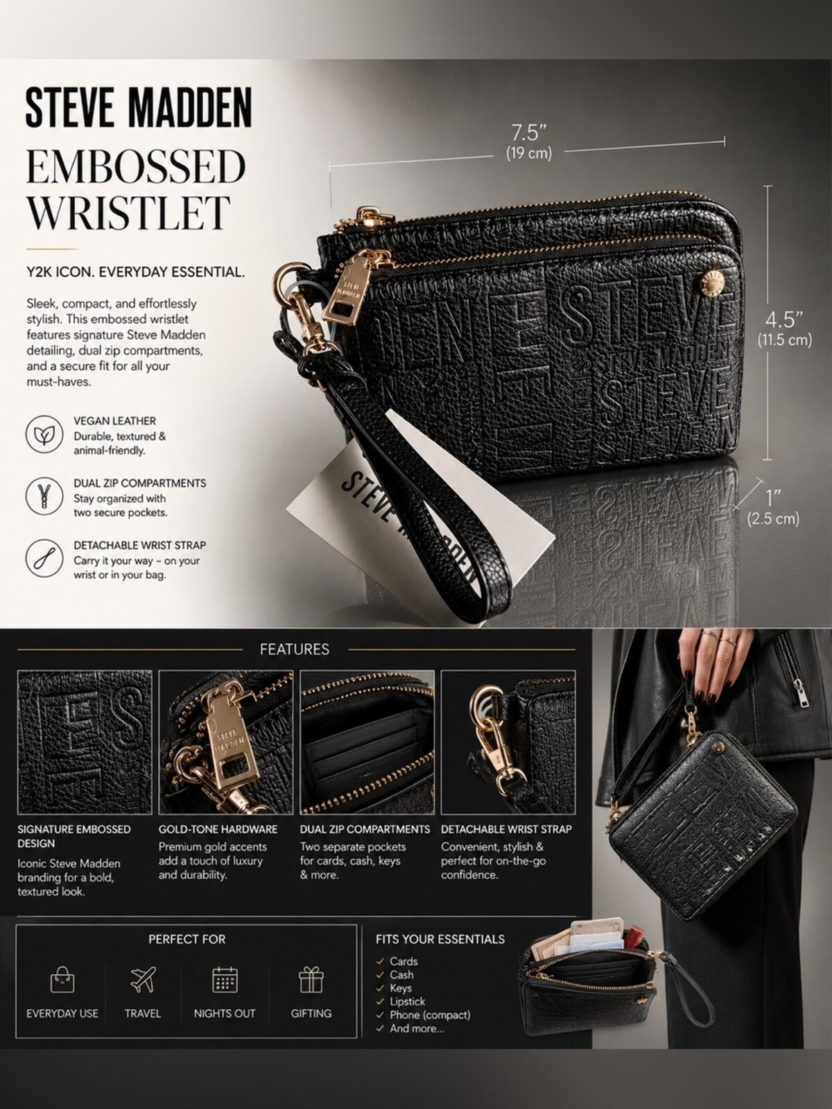 NWT Steve Madden Black Embossed Logo Wristlet Wallet Gold Hardware