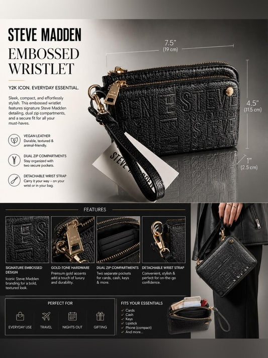 NWT Steve Madden Black Embossed Logo Wristlet Wallet Gold Hardware