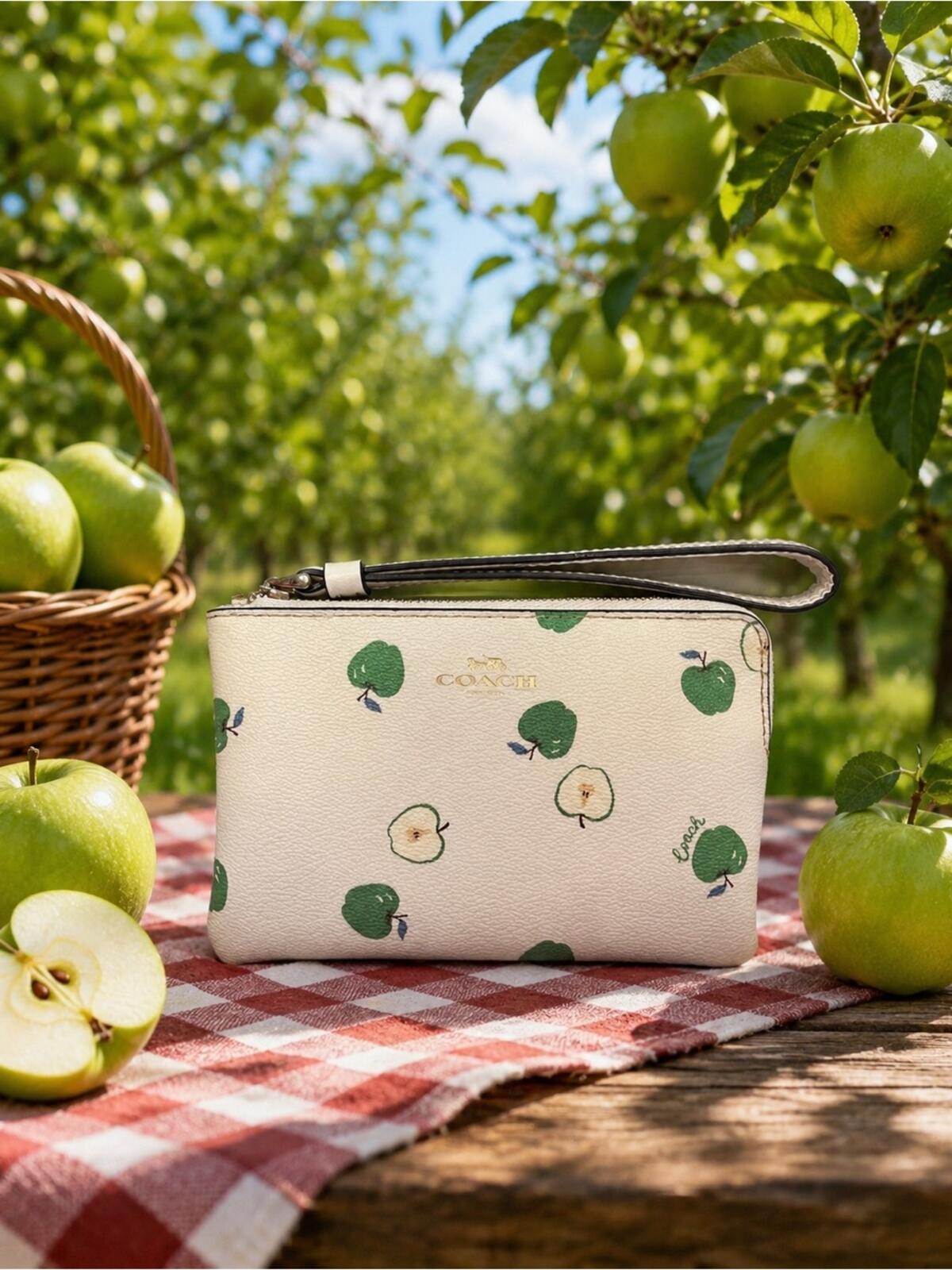 Coach Cream Apple Print Zip Wristlet Wallet