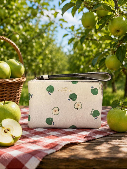 Coach Cream Apple Print Zip Wristlet Wallet