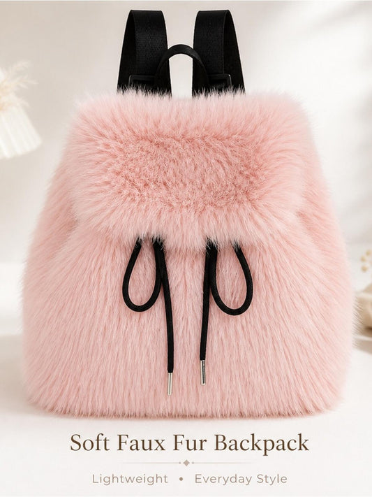 Blush Pink Faux Fur Backpack | Soft Plush Mini Bag | Trendy Drawstring Purse