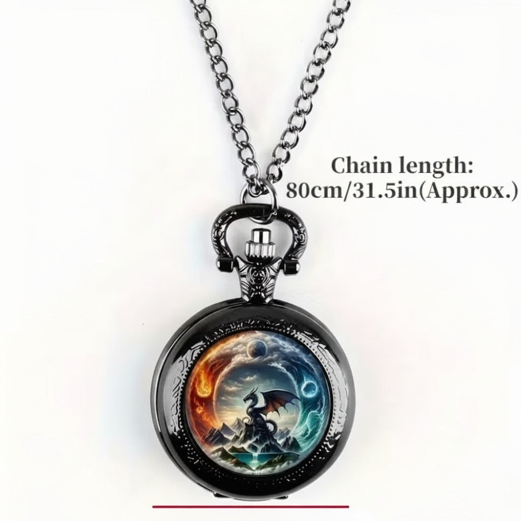 Fantasy Dragon Yin Yang Pocket Watch Necklace