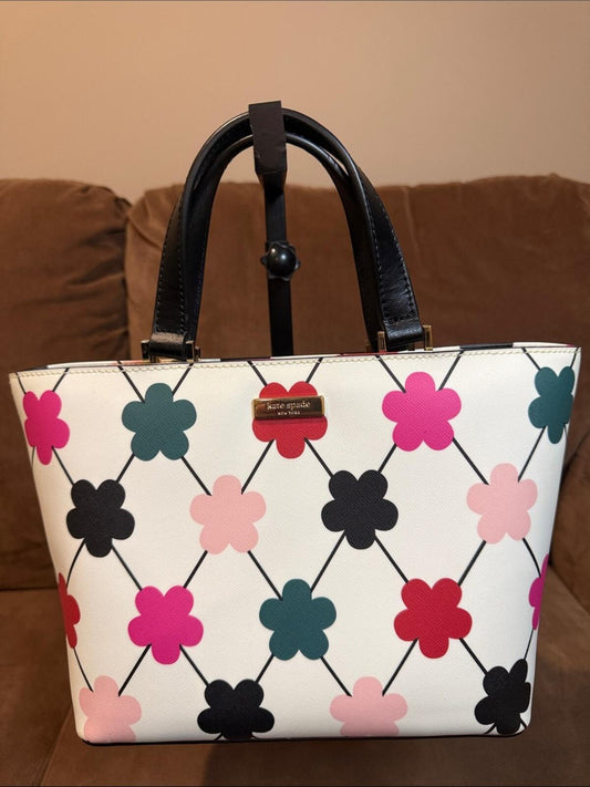 NWOT Kate Spade Floral Geometric Print Shoulder Tote Bag White Black Multi