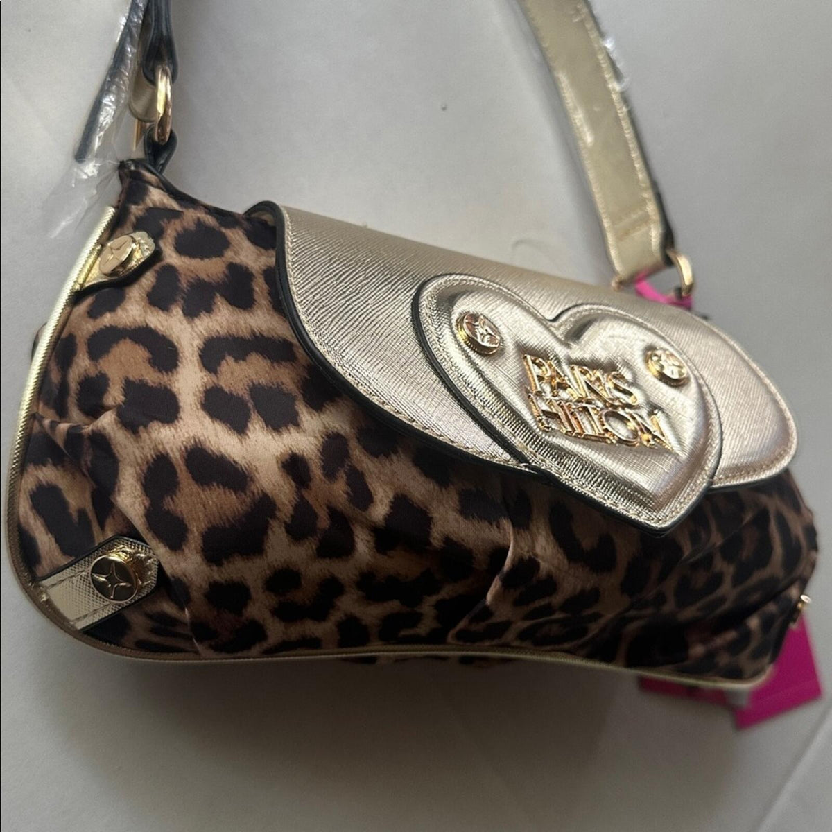 Paris Hilton New With Tags Leopard Print Gold Heart Baguette Shoulder Bag