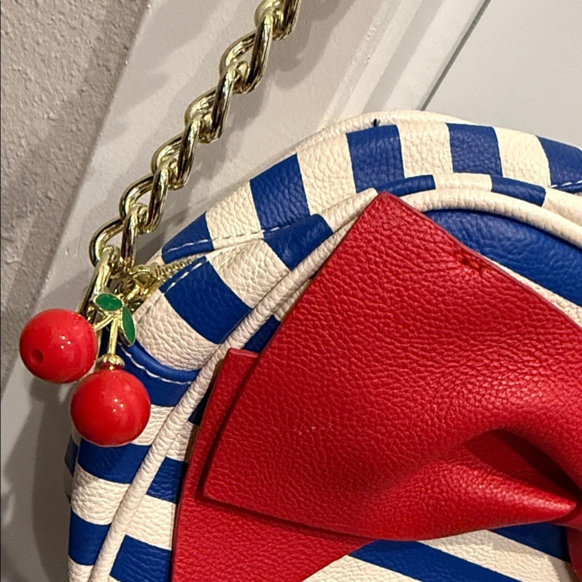 Betsey Johnson Striped Navy & White Crossbody Bag with Red Bow Accent purse