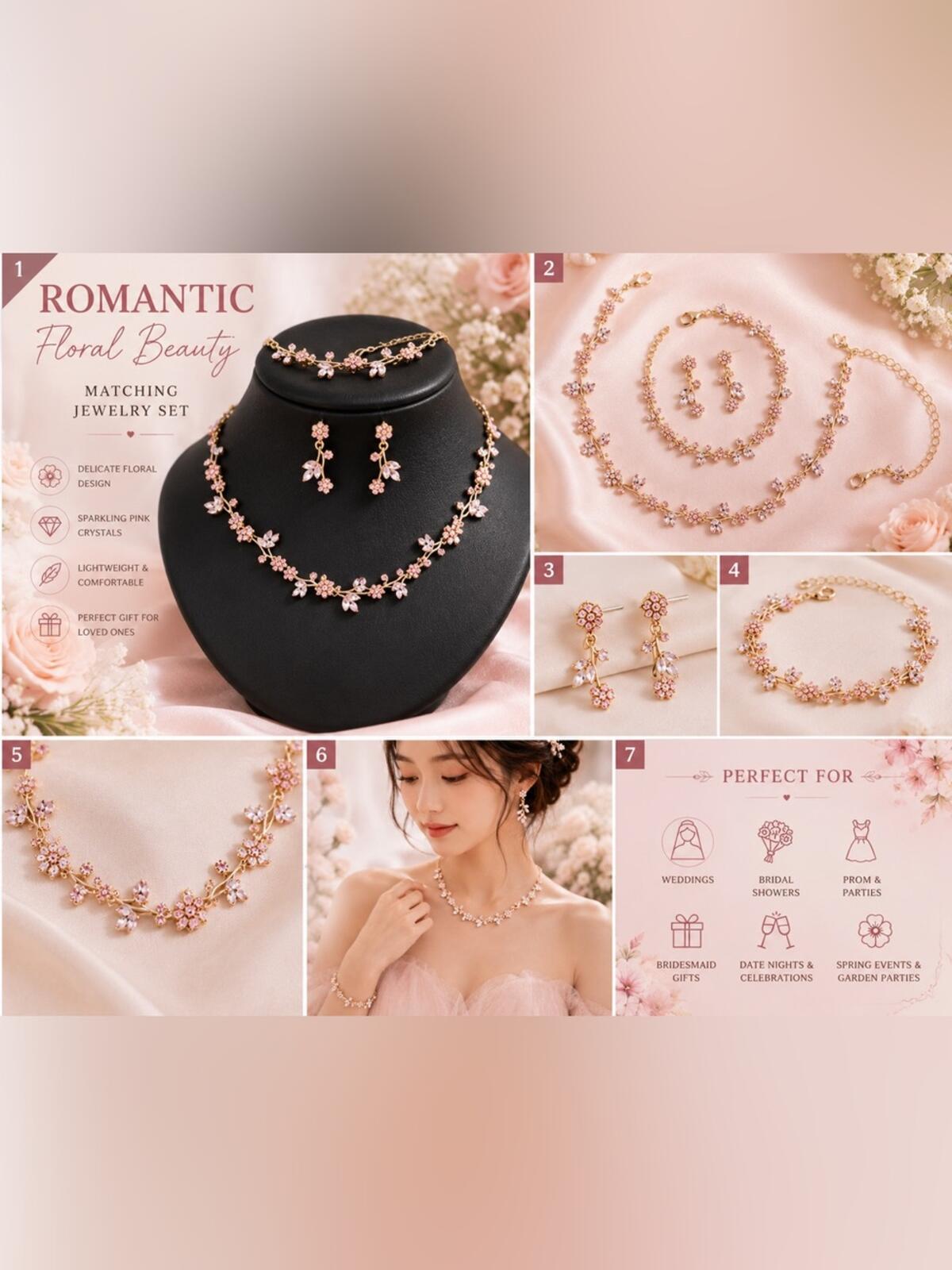 Pink Floral Crystal Jewelry Set | Necklace Bracelet Earrings | Coquette