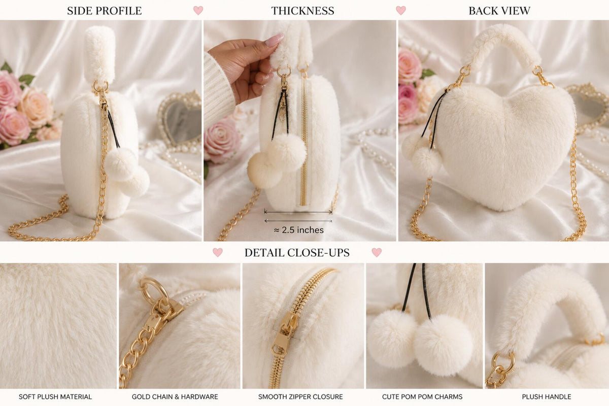 Coquette Heart-Shaped Faux Fur Plush Crossbody Bag with Pom Pom Charms - Cream &