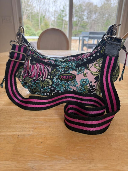 Oilily Pink and Black Floral Polka Dot Crossbody Bag with Adjustable Strap