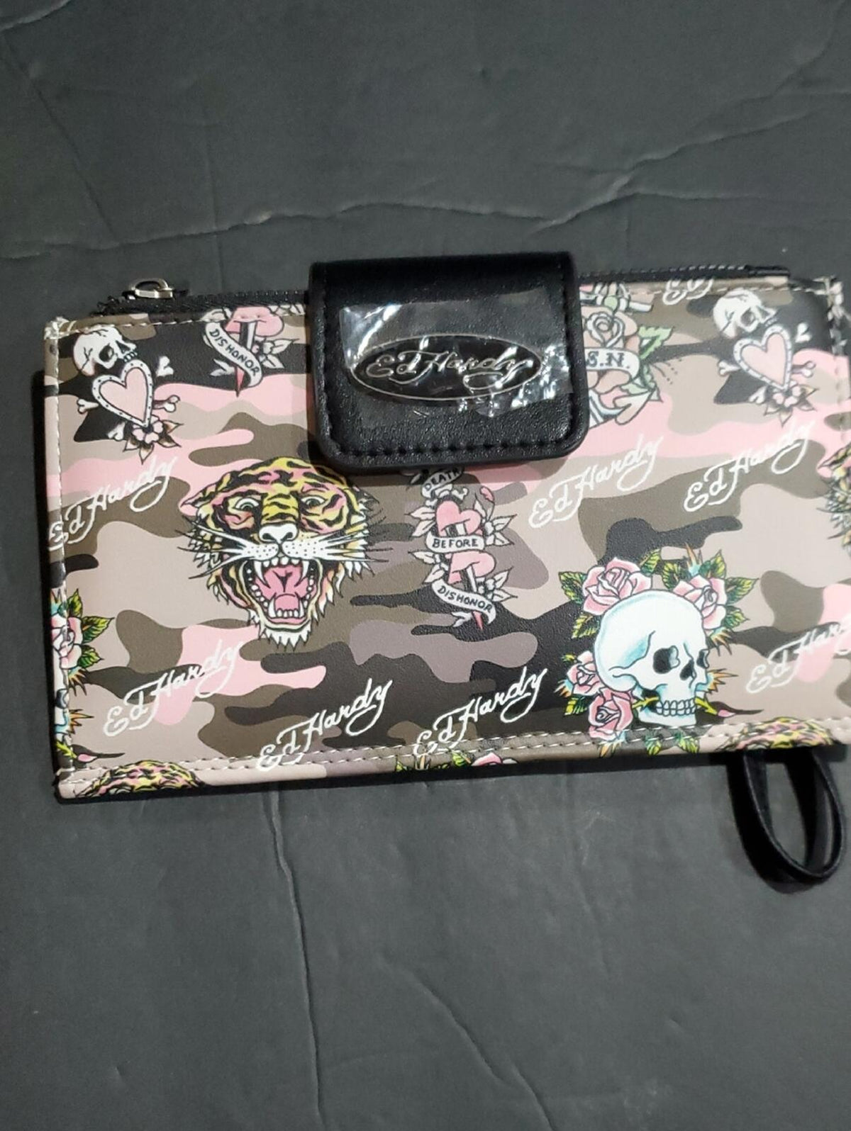 Ed Hardy Camo Tattoo XL Wallet Clutch Black Pink Gray