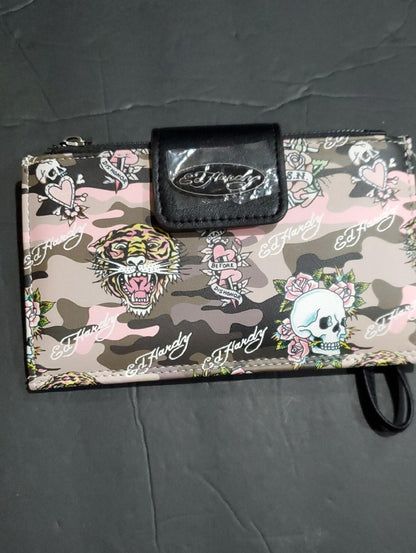 Ed Hardy Camo Tattoo XL Wallet Clutch Black Pink Gray