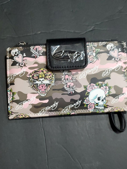 Ed Hardy Camo Tattoo XL Wallet Clutch Black Pink Gray
