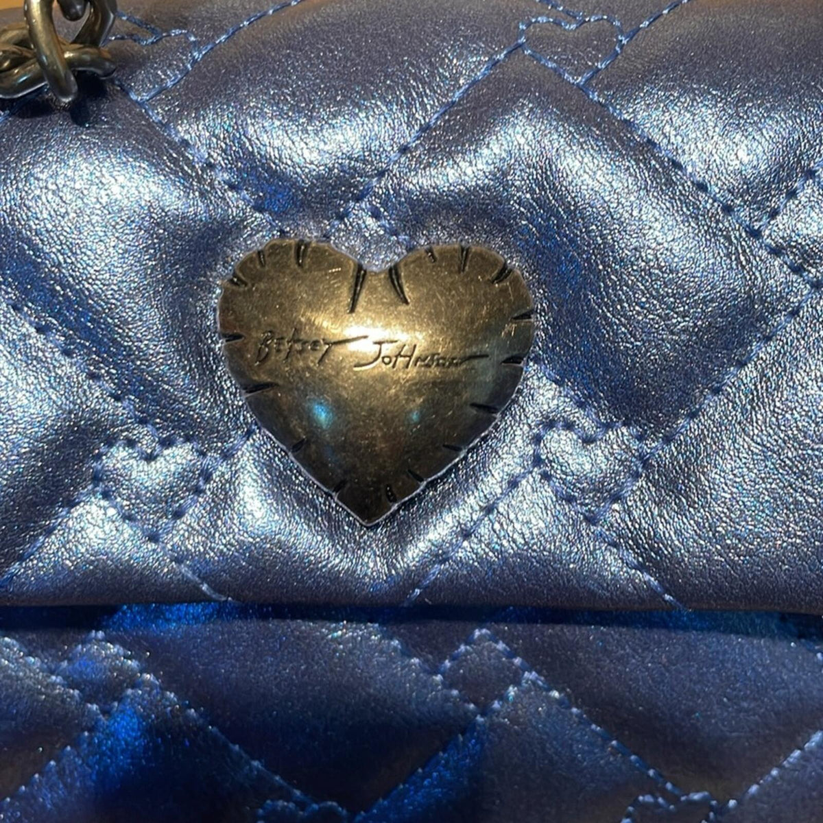 Betsey Johnson Blue Quilted Heart Crossbody Bag with Chain Strap