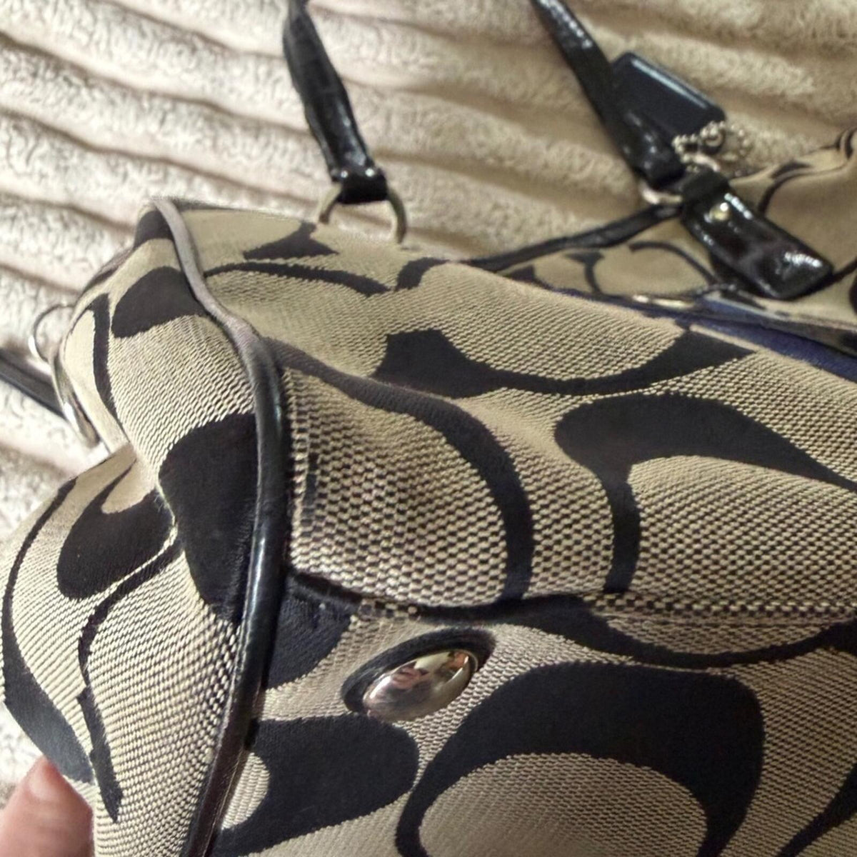 Coach Signature Stripe Satchel Bag Black Khaki Canvas Patent Leather F25526