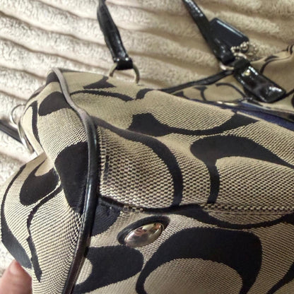 Coach Signature Stripe Satchel Bag Black Khaki Canvas Patent Leather F25526
