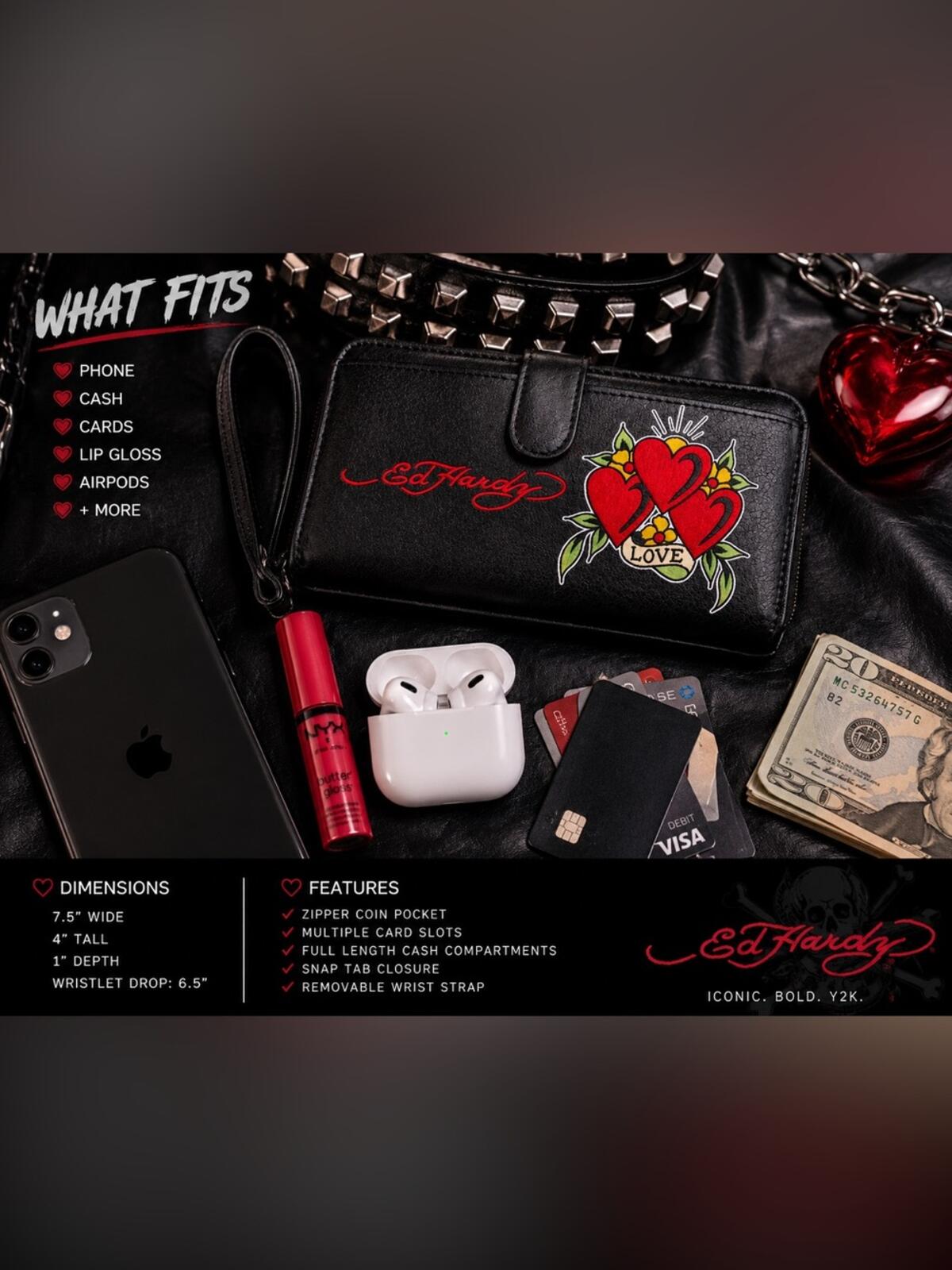 Ed Hardy Y2K Tattoo Heart Wristlet Wallet Black Red Rocker Clutch