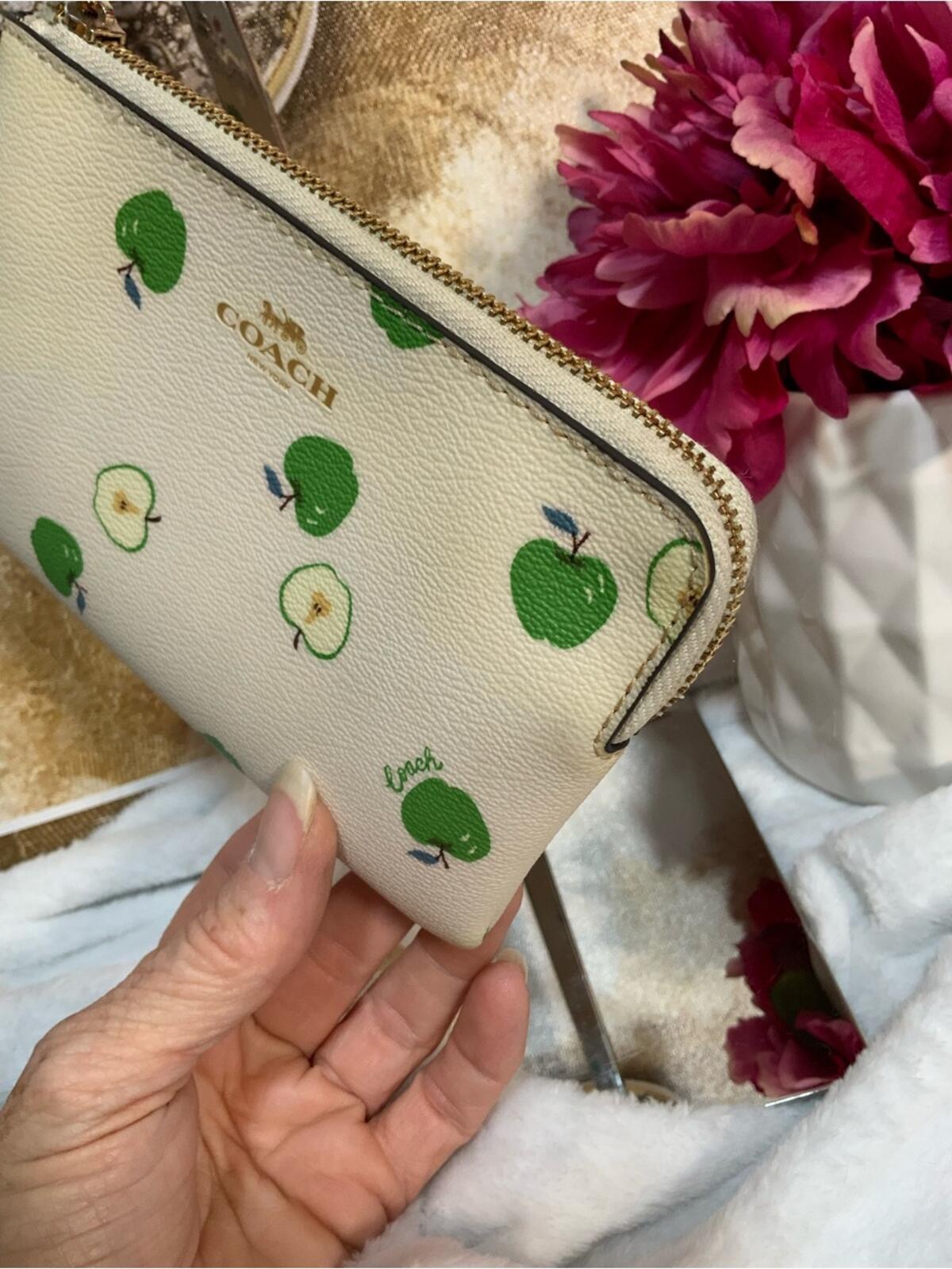 Coach Cream Apple Print Zip Wristlet Wallet