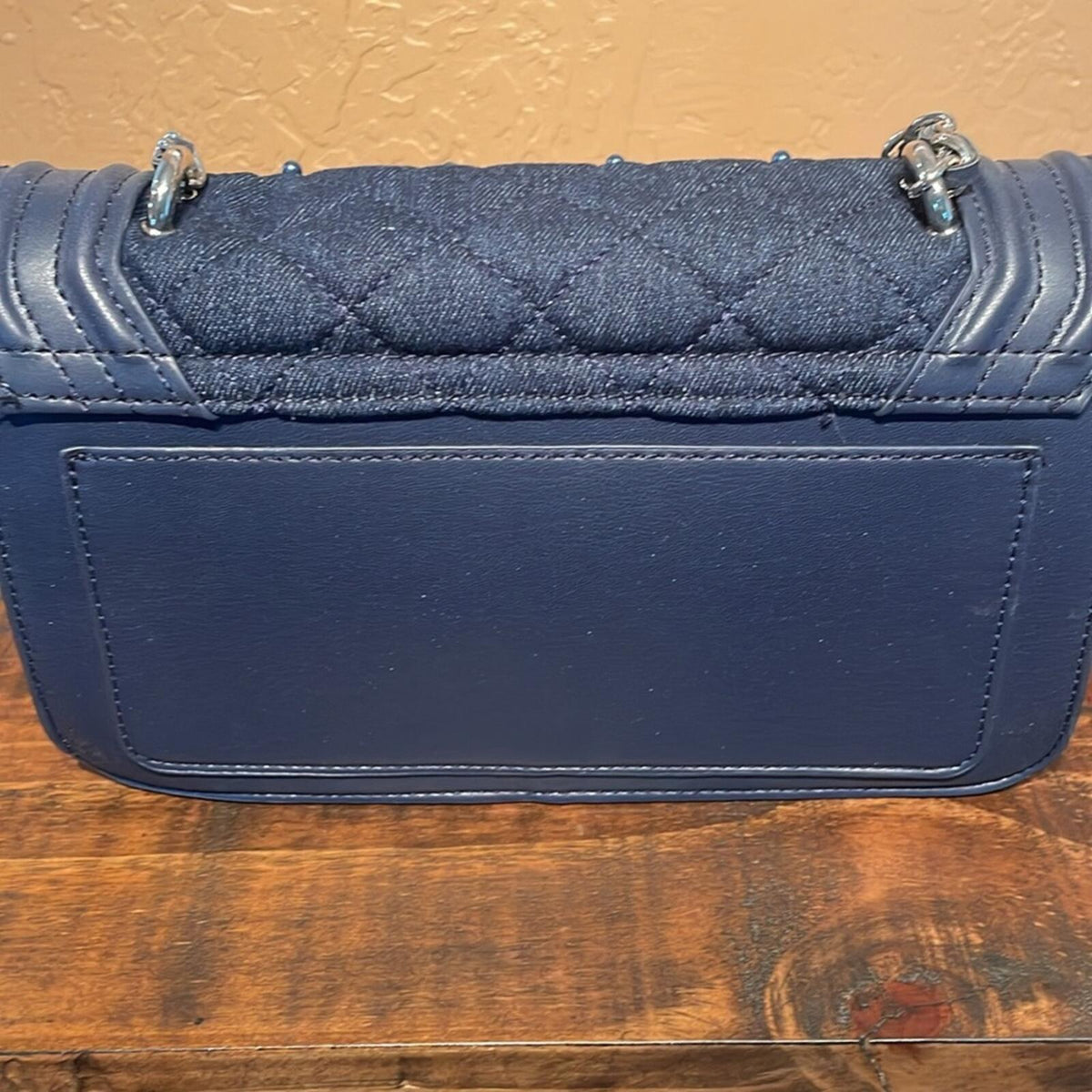 Badgley Mischka Blue Quilted Crossbody Bag with Pearl Accents and Silver Chain