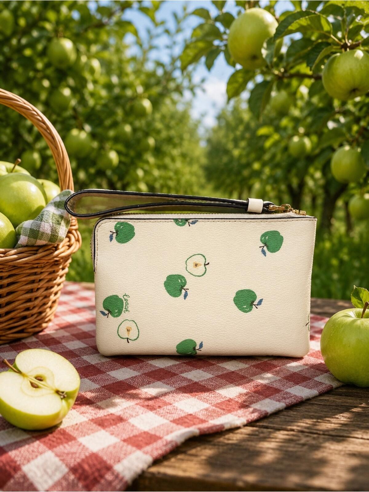 Coach Cream Apple Print Zip Wristlet Wallet
