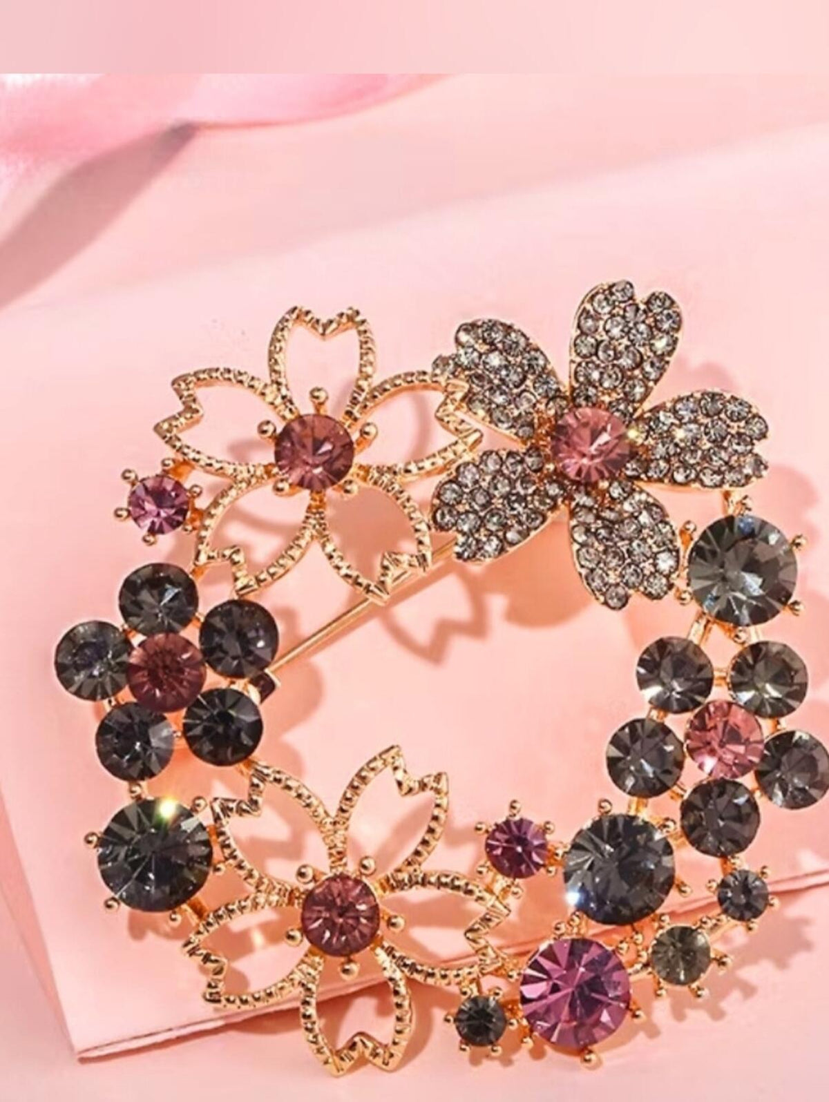 Vintage Pink Rhinestone Floral Brooch Bouquet Pin Wedding Gift