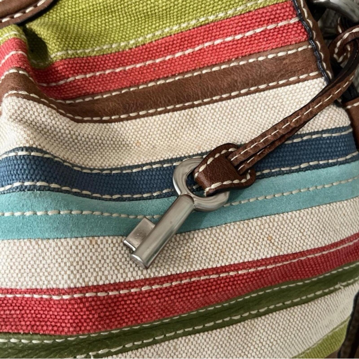 Fossil Canvas Leather Satchel Crossbody w/ Key Charm Like New