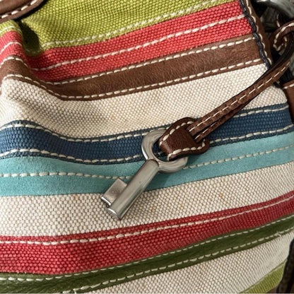 Fossil Canvas Leather Satchel Crossbody w/ Key Charm Like New