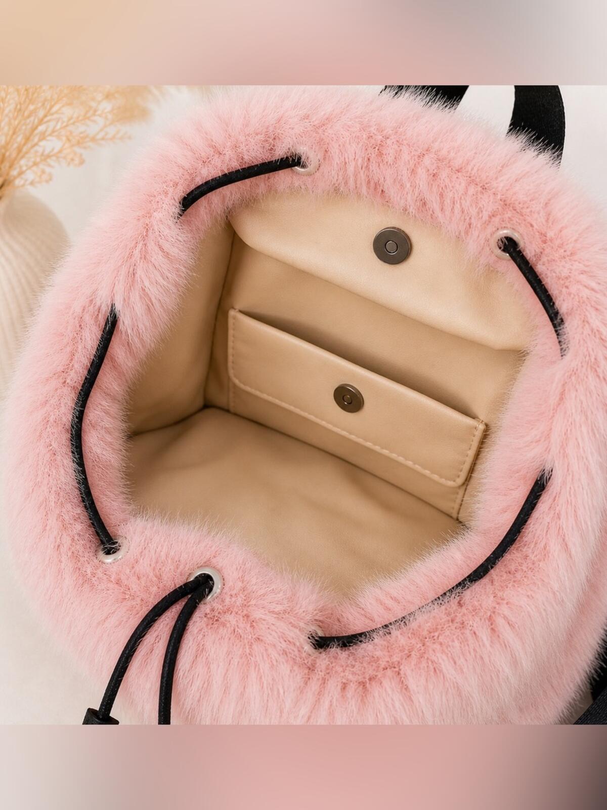 Blush Pink Faux Fur Backpack | Soft Plush Mini Bag | Trendy Drawstring Purse