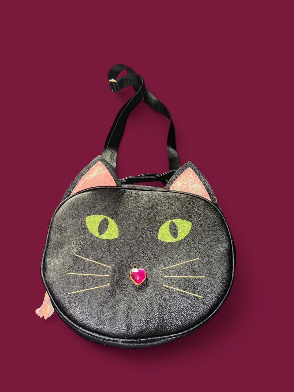 Betsey Johnson Black Cat Face Crossbody Bag Green Eyes Jeweled Nose